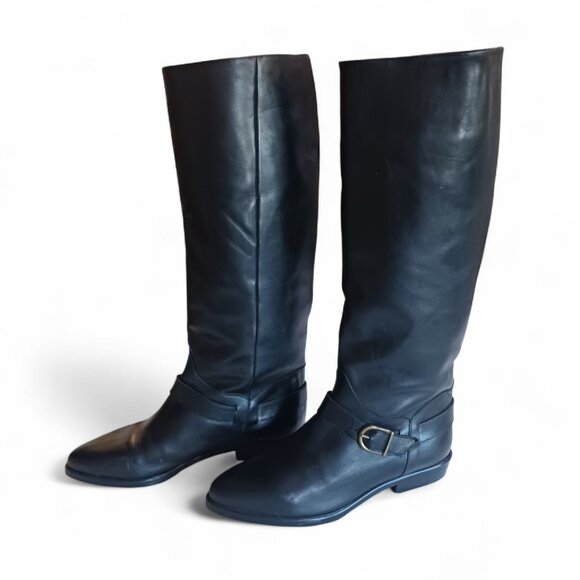 Jessica Black Leather Riding Boots Size 6B, Genuine Leather, Buckle Detail VTG - Picture 1 of 14
